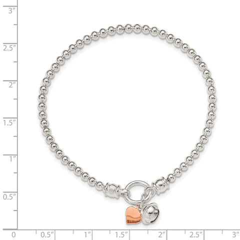 Sterling Silver Rose -tone Heart and Bell Stretch Bracelet-WBC-QH5454