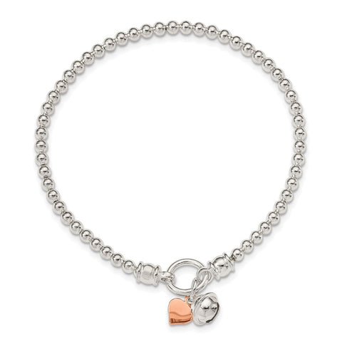 Sterling Silver Rose -tone Heart and Bell Stretch Bracelet-WBC-QH5454