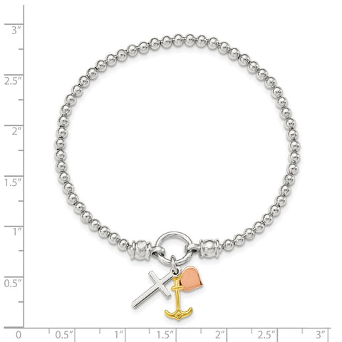 Sterling Silver Rose and Gold-tone Heart/Cross/Anchor Stretch Bracelet-WBC-QH5456