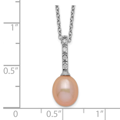 Sterling Silver Rhod-plat 7-8mm Pink FWC Pearl CZ Necklace-WBC-QH5487-17