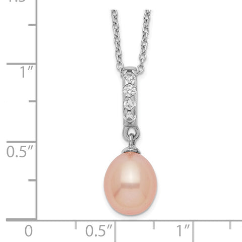 Sterling Silver Rhod-plat 8-9mm Pink FWC Pearl CZ Necklace-WBC-QH5489-17