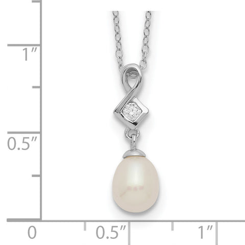 Sterling Silver Rhod-plat 6-7mm White Rice FWC Pearl CZ Necklace-WBC-QH5497-17