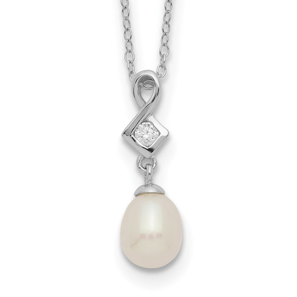 Sterling Silver Rhod-plat 6-7mm White Rice FWC Pearl CZ Necklace-WBC-QH5497-17