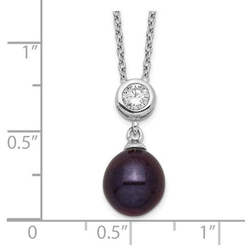 Sterling Silver Rhod-plat 8-9mm Black Rice FWC Pearl CZ Necklace-WBC-QH5500-17