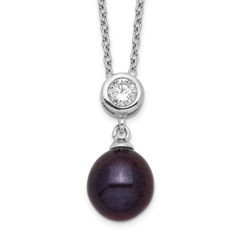 Sterling Silver Rhod-plat 8-9mm Black Rice FWC Pearl CZ Necklace-WBC-QH5500-17