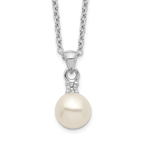 Sterling Silver Rhod-plat 6-7mm White Button FWC Pearl CZ Necklace-WBC-QH5504-17