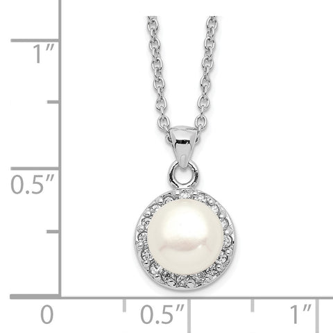 Sterling Silver Rhod-plat 7-8mm White Button FWC Pearl CZ Necklace-WBC-QH5505-17