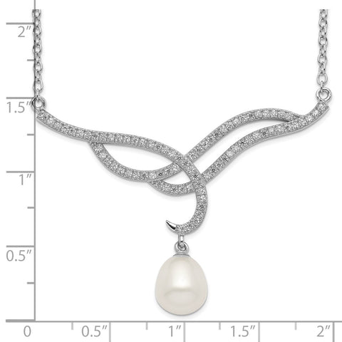 Sterling Silver Rhod-plat 8-9mm White Rice FWC Pearl CZ Necklace-WBC-QH5536-18