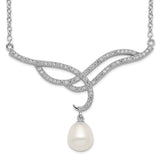 Sterling Silver Rhod-plat 8-9mm White Rice FWC Pearl CZ Necklace-WBC-QH5536-18