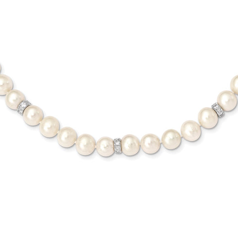 Sterling Silver Rhod-plat 9-10mm White off round FWC Pearl CZ Necklace-WBC-QH5547-18