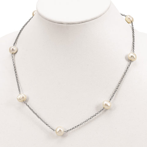 Sterling Silver Rhod-plat 9-10mm White Baroq FWC Pearl 7-stat Necklace-WBC-QH5555-20