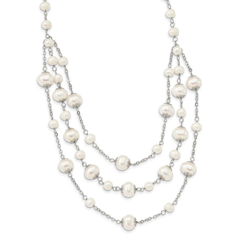 Sterling Silver Rh-p 7-11mm White FWC Pearl Multi-strand w/ 2in ext Necklac-WBC-QH5634-17
