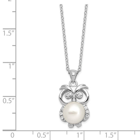 Sterling Silver Rhodium-plated CZ 8-9mm White Button FWC Pearl Owl Necklace-WBC-QH5658-17