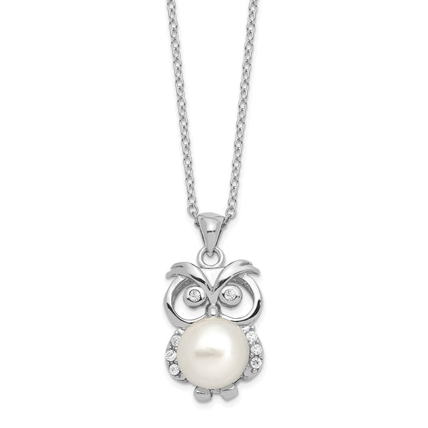 Sterling Silver Rhodium-plated CZ 8-9mm White Button FWC Pearl Owl Necklace-WBC-QH5658-17