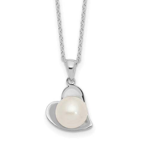 Sterling Silver Rh-pl 8-9mm White Button FWC Pearl Heart Necklace-WBC-QH5662-17