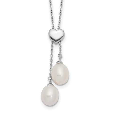 Sterling Silver Rhod-pl Heart 9x7mm White Rice FWC Pearl Adj Necklace-WBC-QH5663-20.5