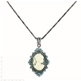 Sterling Silver Antiqued Blue Resin Cameo w/Crystal Necklace-WBC-QH787-16