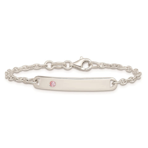 Sterling Silver Polished Childrens ID with Pink CZ Bracelet-WBC-QID232-5.5