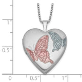 Sterling Silver RH-plated 20mm Enamel Butterflies Heart Locket Necklace-WBC-QLS230-18