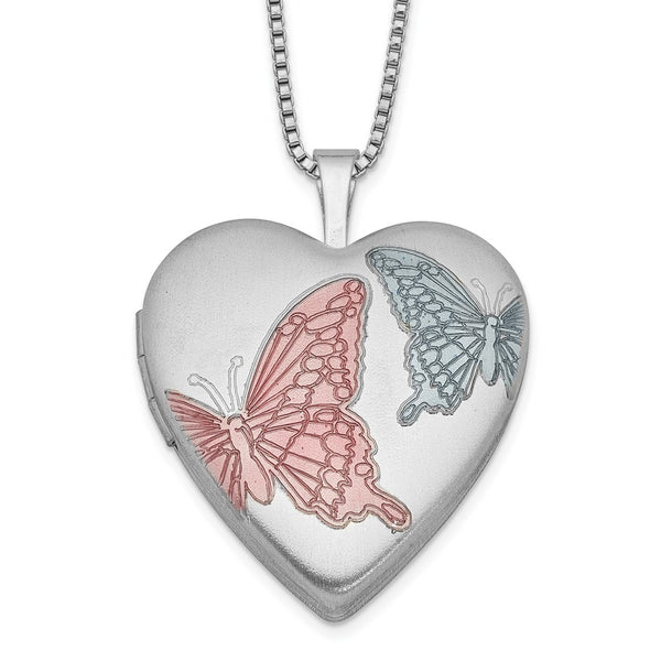 Sterling Silver RH-plated 20mm Enamel Butterflies Heart Locket Necklace-WBC-QLS230-18