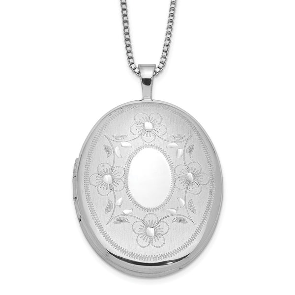 Sterling Silver RH-plated 26mm Oval with Flowers Oval Locket Necklace-WBC-QLS265-18