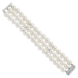 Sterling S Majestik Rh-pl 3 Row 10-11mm Wht Imitat Shell Pearl Bracelet-WBC-QMJB310W-7.5