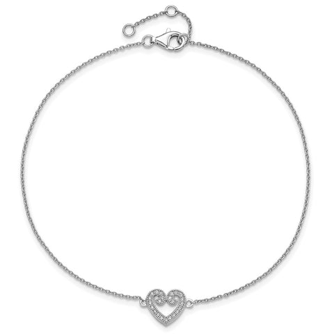 SS Rhodium-Plated CZ Brilliant Embers Heart Anklet w/1in Ext.-WBC-QMP1085-9