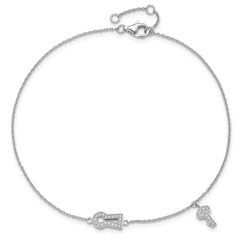 SS Rhodium-Plated CZ Brilliant Embers Lock/Key w/1in ext Anklet-WBC-QMP1122-9