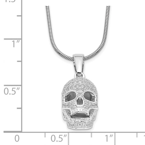 SS Rhodium-Plated CZ Brilliant Embers Polished Skull Necklace-WBC-QMP1141-18