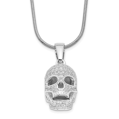 SS Rhodium-Plated CZ Brilliant Embers Polished Skull Necklace-WBC-QMP1141-18