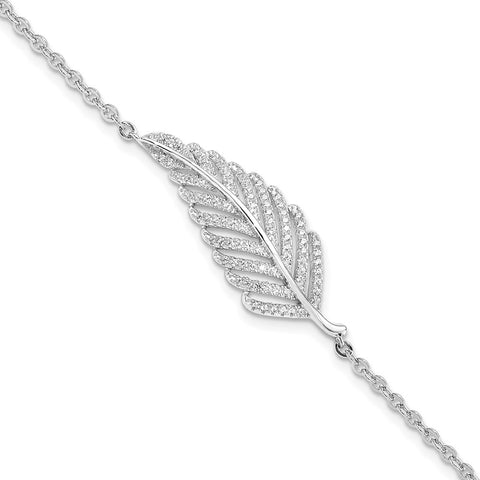 Sterling Silver CZ Brilliant Embers Feather w/1in ext. Bracelet-WBC-QMP1372-7