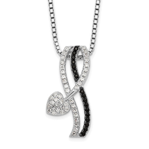 Sterling Silver Black Spinel & CZ Brilliant Embers Heart Necklace-WBC-QMP1447-18