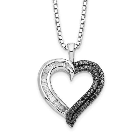 Sterling Silver Rhod Plated Black and White Diamond Heart Pendant Necklace-WBC-QP2290