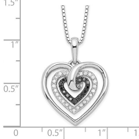 Sterling Silver Rhod Plated Black and White Diamond Heart Pendant Necklace-WBC-QP2309