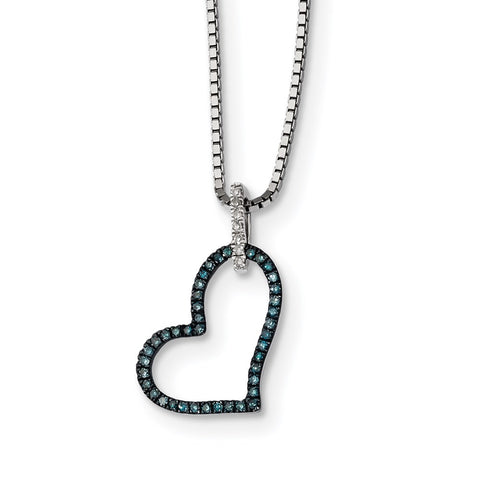 Sterling Silver Rhod Plated Blue and White Diamond Heart Pendant Necklace-WBC-QP3639