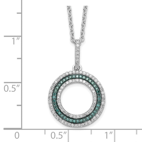 Sterling Silver Rhod Plated Blue and White Diamond Circle Pendant Necklace-WBC-QP3667