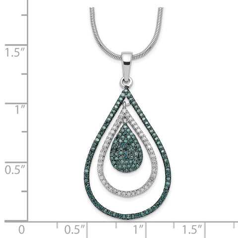 Sterling Silver Rhod Plated Blue and White Dia Teardrop Pendant Necklace-WBC-QP3674