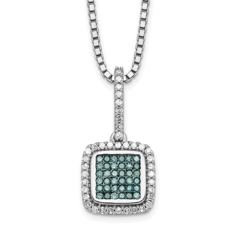 Sterling Silver Rhod Plated White/Blue Diamonds Square Pendant Necklace-WBC-QP3690