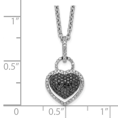 Sterling Silver Rhod Plated Black and White Diamond Heart Pendant Necklace-WBC-QP3744