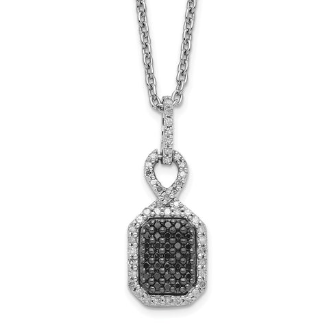 Sterling Silver Rhod Plated Black and White Diamond Rectangle Pendant Neckl-WBC-QP3808