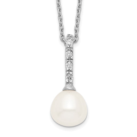 Sterling Silver Rh-plated 7-8mm White FWC Pearl CZ Necklace-WBC-QP4630