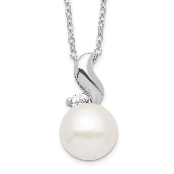 Sterling Silver Rhodium 9-10mm White FWC Pearl CZ Necklace-WBC-QP4631