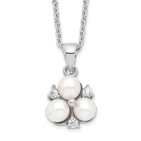 Sterling Silver Rh-plated 5-6mm White FW Cultured 3-Pearl CZ Necklace-WBC-QP4633