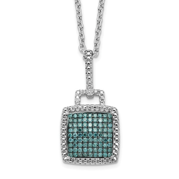 Sterling Silver Rhod Plated Blue Diamond Square Pendant Necklace-WBC-QP4691