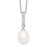 Sterling Silver Rhodium 8-9mm White FWC Pearl CZ Necklace-WBC-QP4699