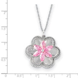 Sterling Silver CZ Pretty in Pink 18in Flower Necklace-WBC-QSX458