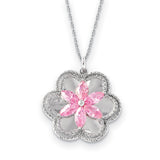 Sterling Silver CZ Pretty in Pink 18in Flower Necklace-WBC-QSX458