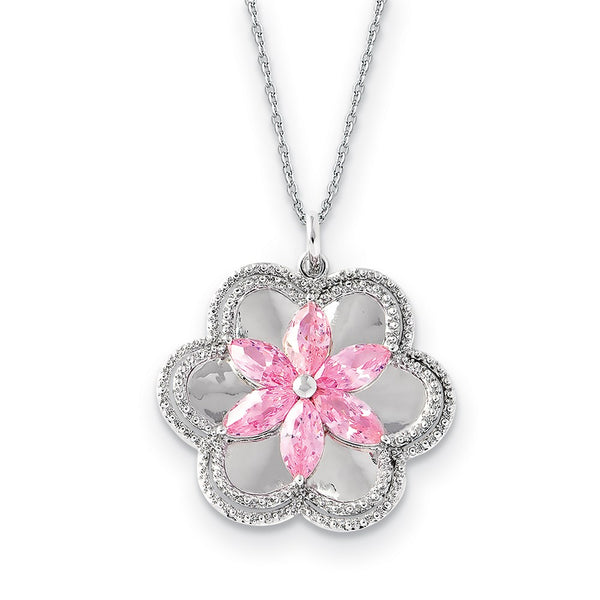 Sterling Silver CZ Pretty in Pink 18in Flower Necklace-WBC-QSX458