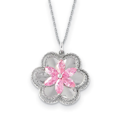 Sterling Silver CZ Pretty in Pink 18in Flower Necklace-WBC-QSX458