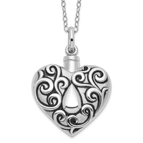 Sterling Silver Antiqued Grieving Heart Ash Holder 18in. Necklace-WBC-QSX573